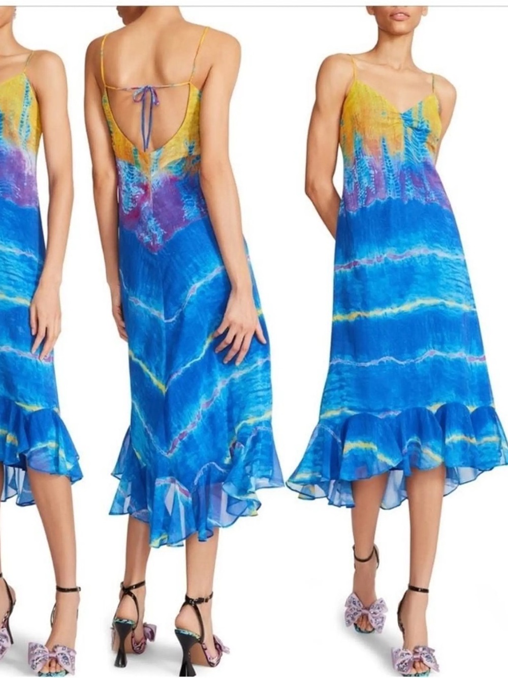 NWT Betsey Johnson Blue Tie-Dye Slip Midi Dress with Yellow Accents